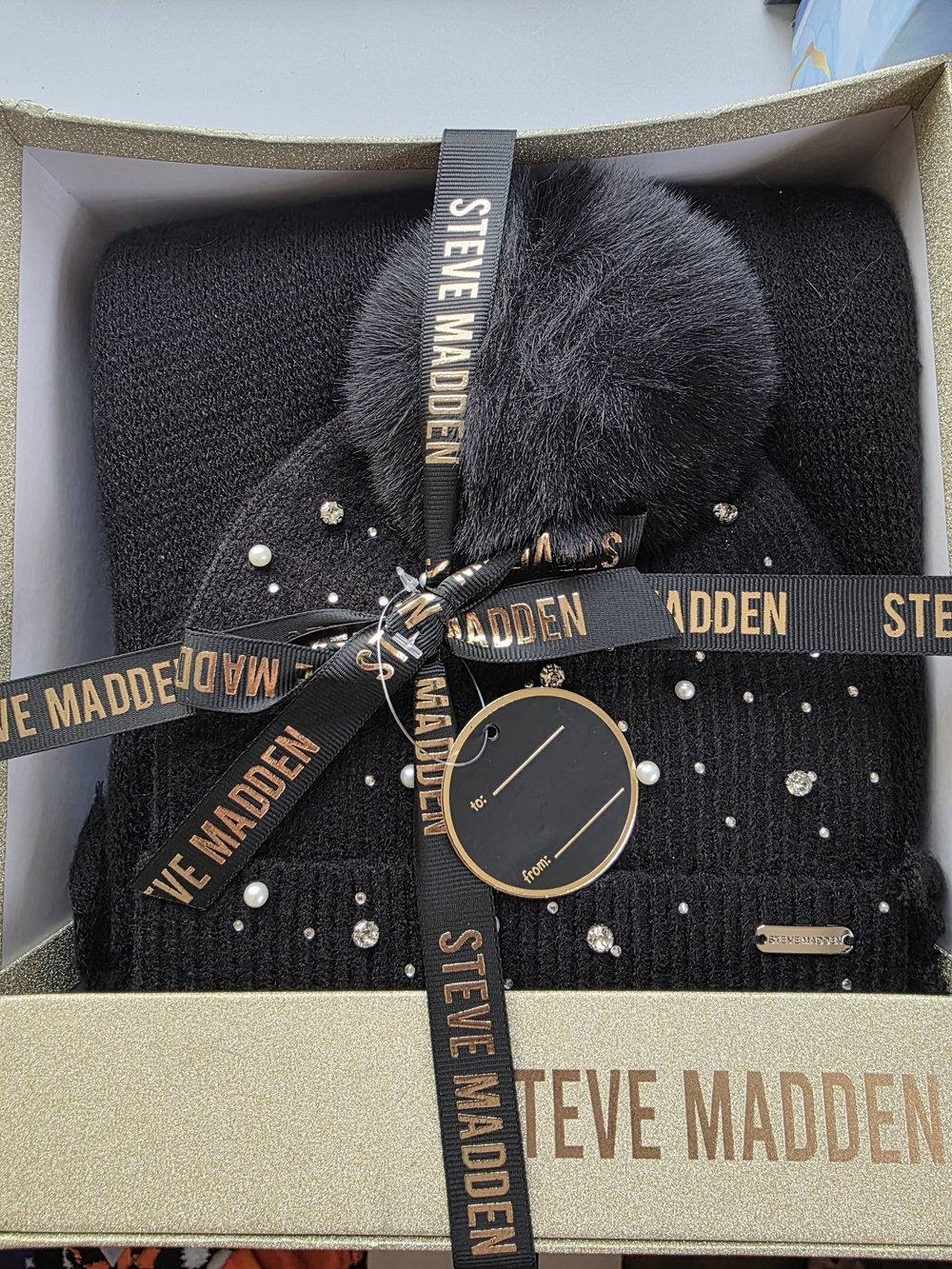 Steve Madden Black Knit Beanie & Scarf Gift Set with Pom